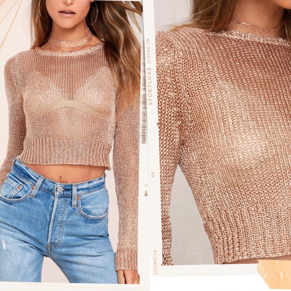 Lulu’s Rose Gold Metallic Crop Knit Sweater
